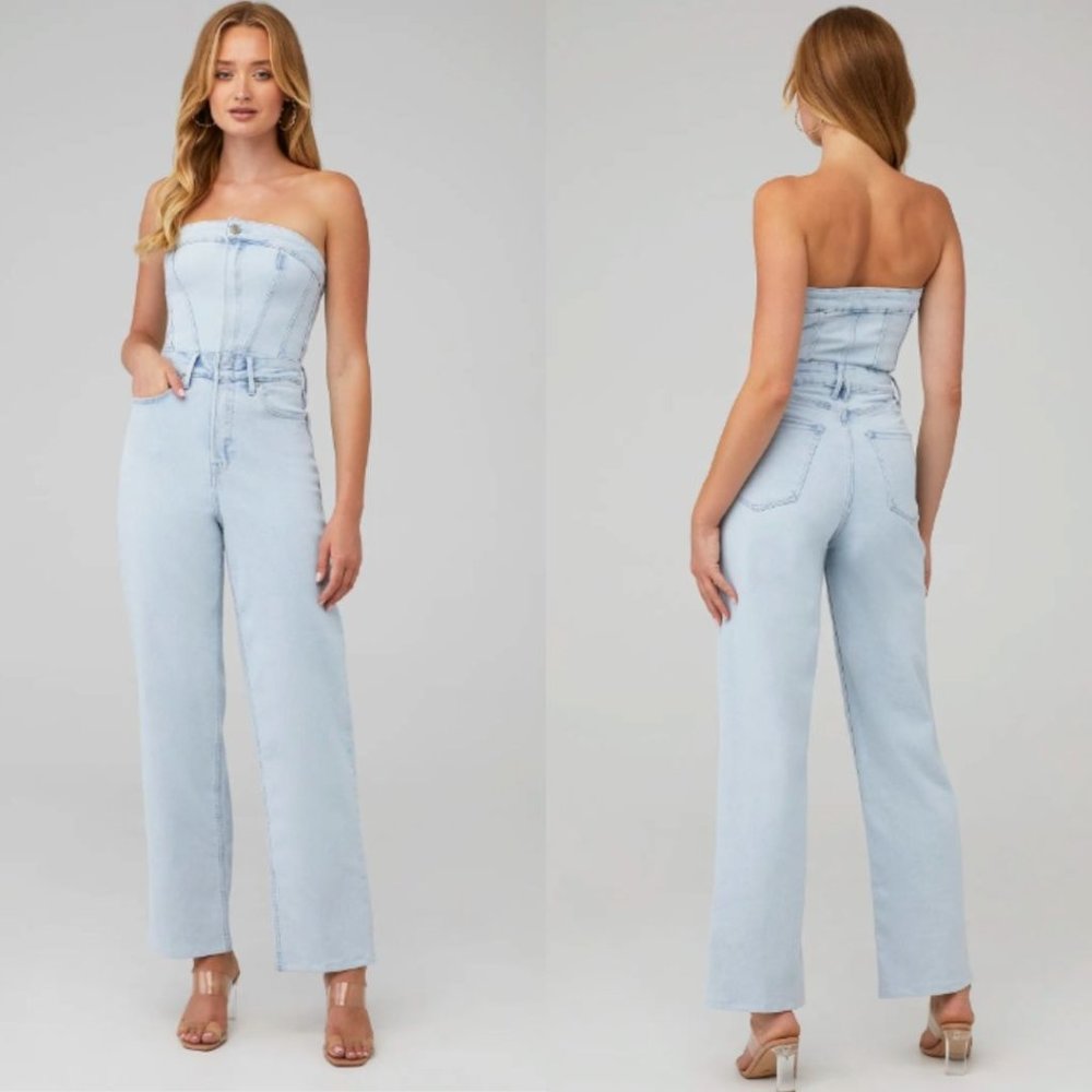 Good American FIT FOR SUCCESS Compression 90s Tube Denim Jumpsuit Light Blue 1 S